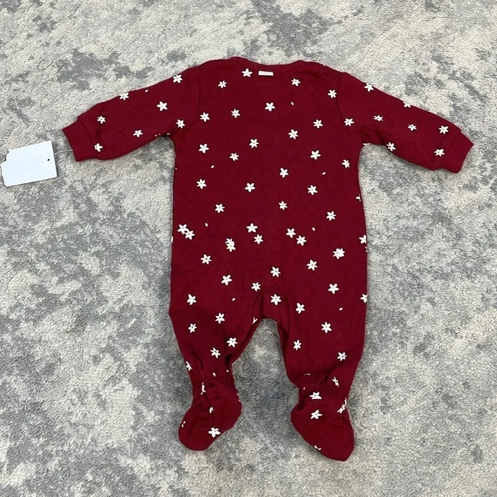 NWT Firsts by Petit Lem Newborn Baby Poinsettia Print Burgundy Pointelle Sleeper